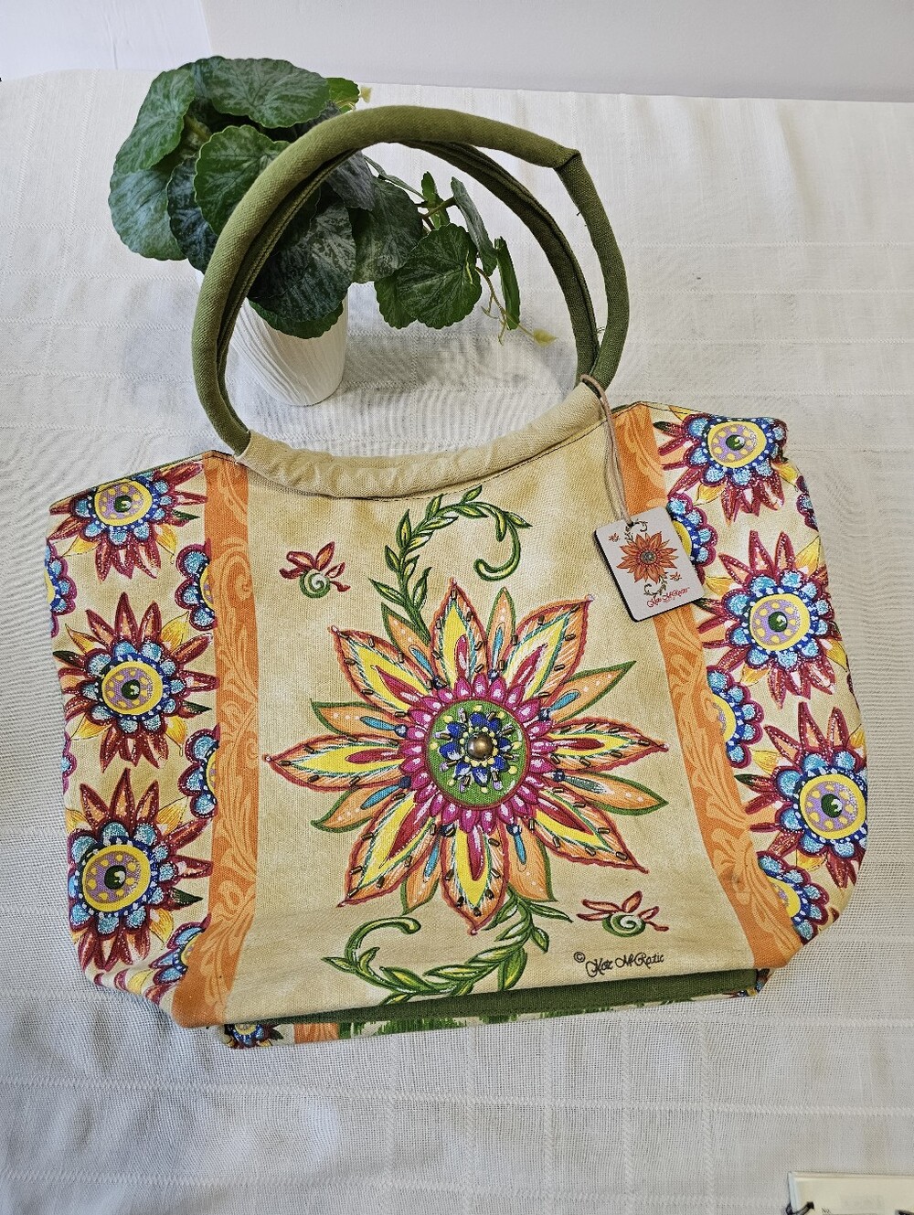 Kate McRostie Multicolor Floral Tote with Olive Handles
